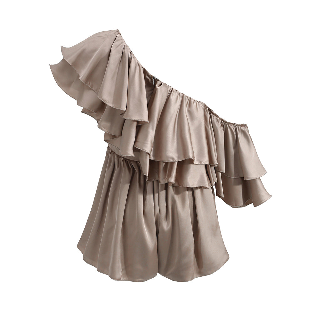 One Shoulder Short Sleeve Frill Bodycon Jumpsuit