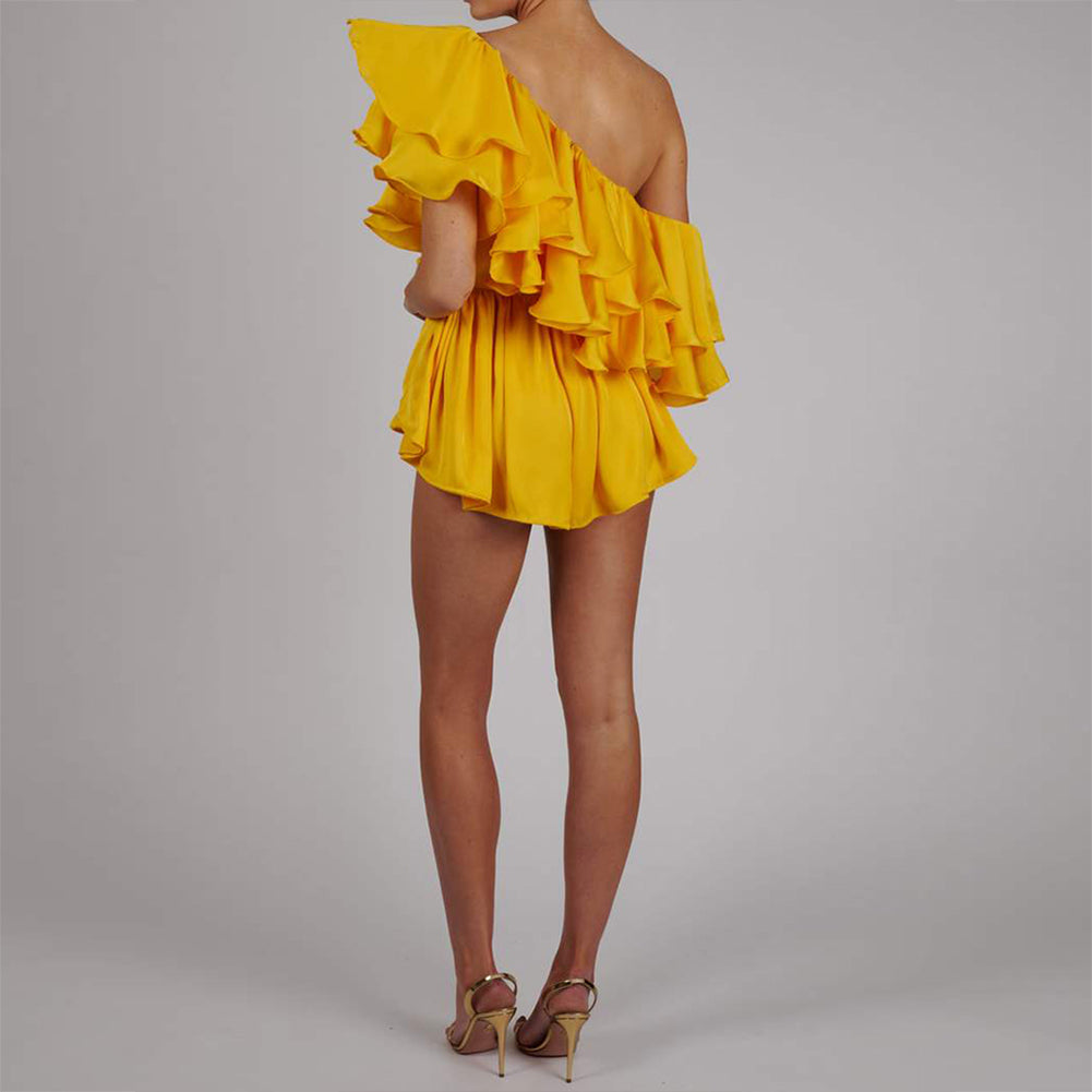 One Shoulder Short Sleeve Frill Bodycon Jumpsuit