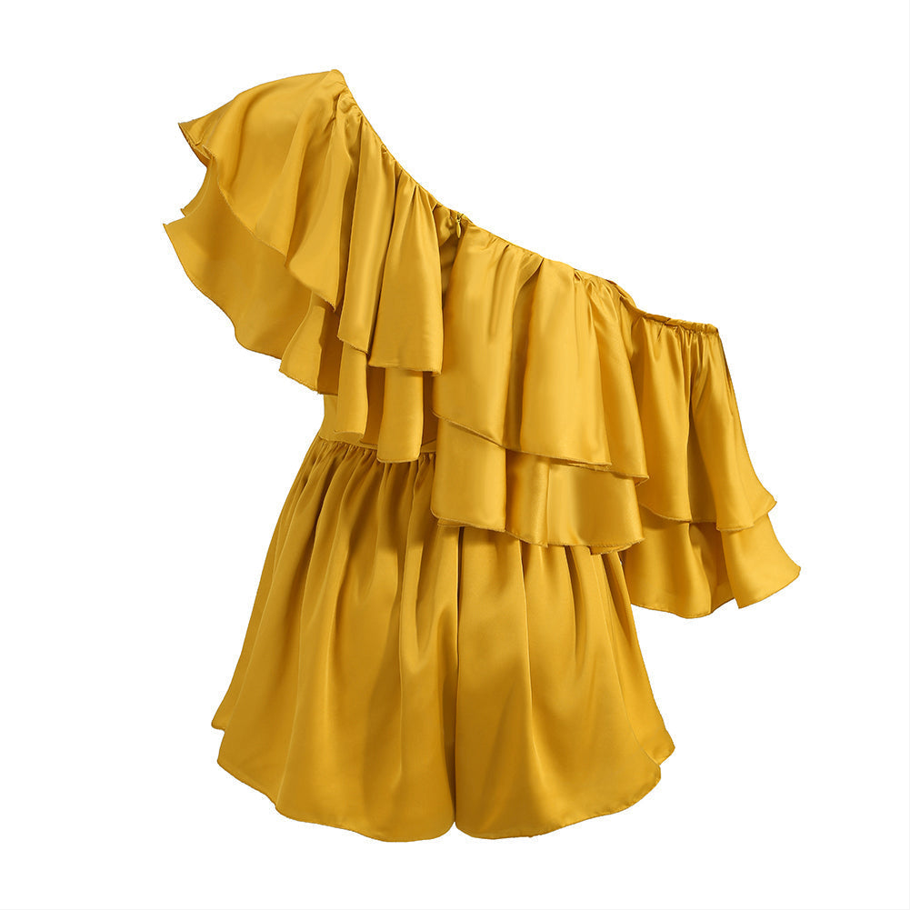 One Shoulder Short Sleeve Frill Bodycon Jumpsuit