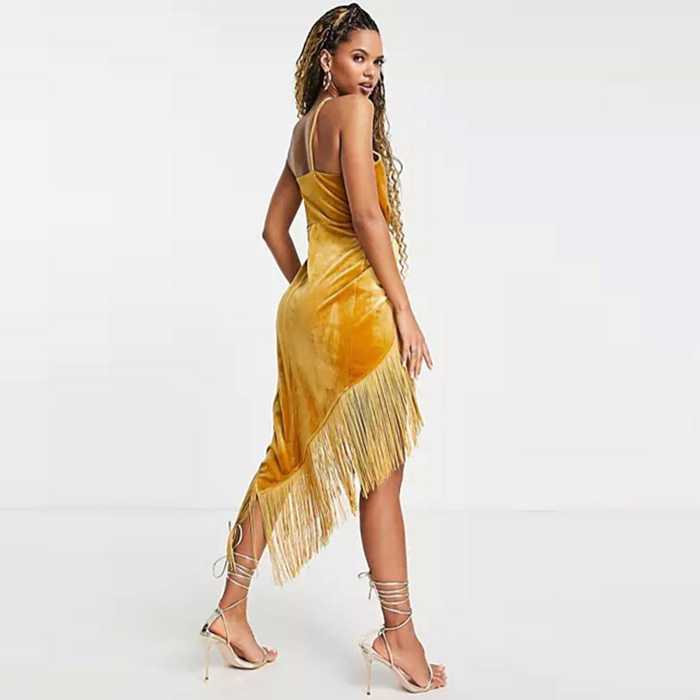 Strappy Sleeveless Midi Tassels Bodycon Dress