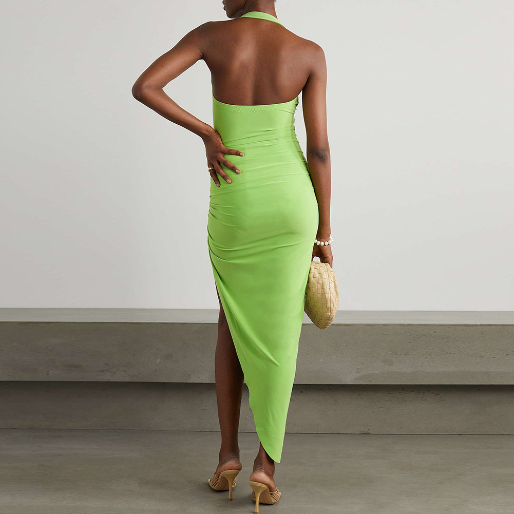 Halter Sleeveless Maxi Wrinkled Bodycon Dress KLYF525