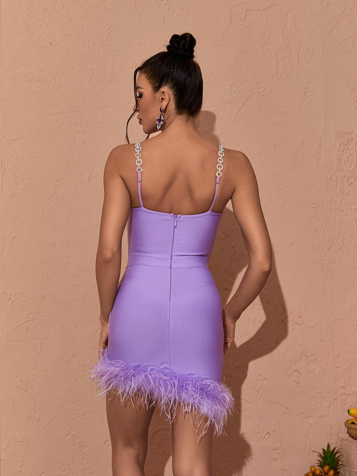 Sweetheart Rhinestone Chain Strap Feather Trim Bandage Mini Dress