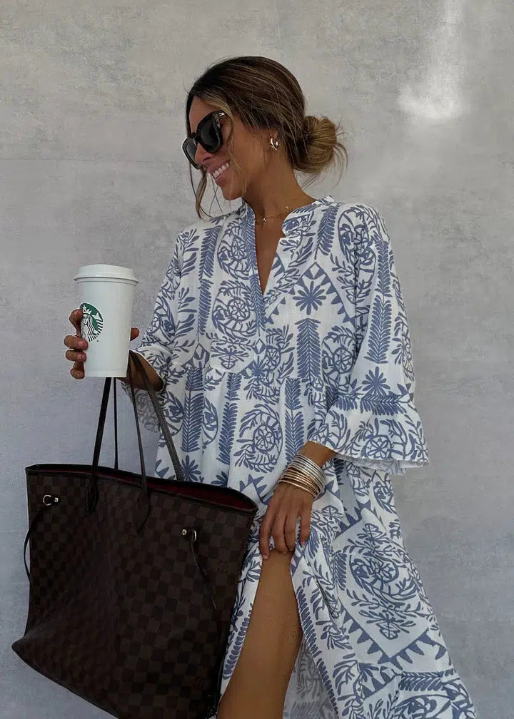 Blue Notched Neck Long Sleeve Boho Print Tiered Mini Dress