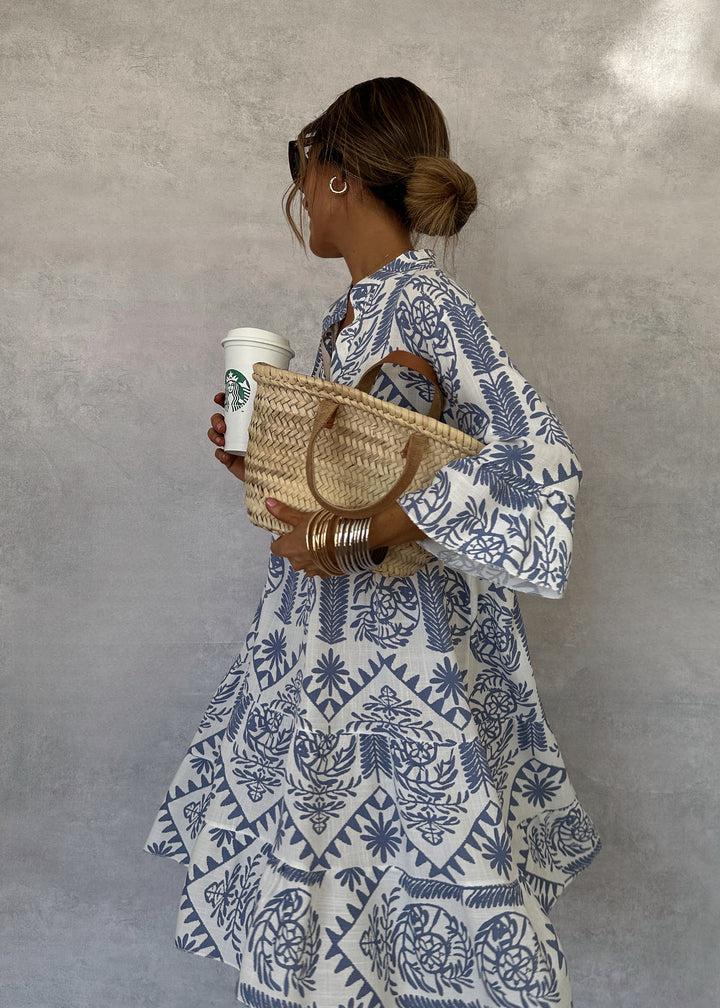 Blue Notched Neck Long Sleeve Boho Print Tiered Mini Dress