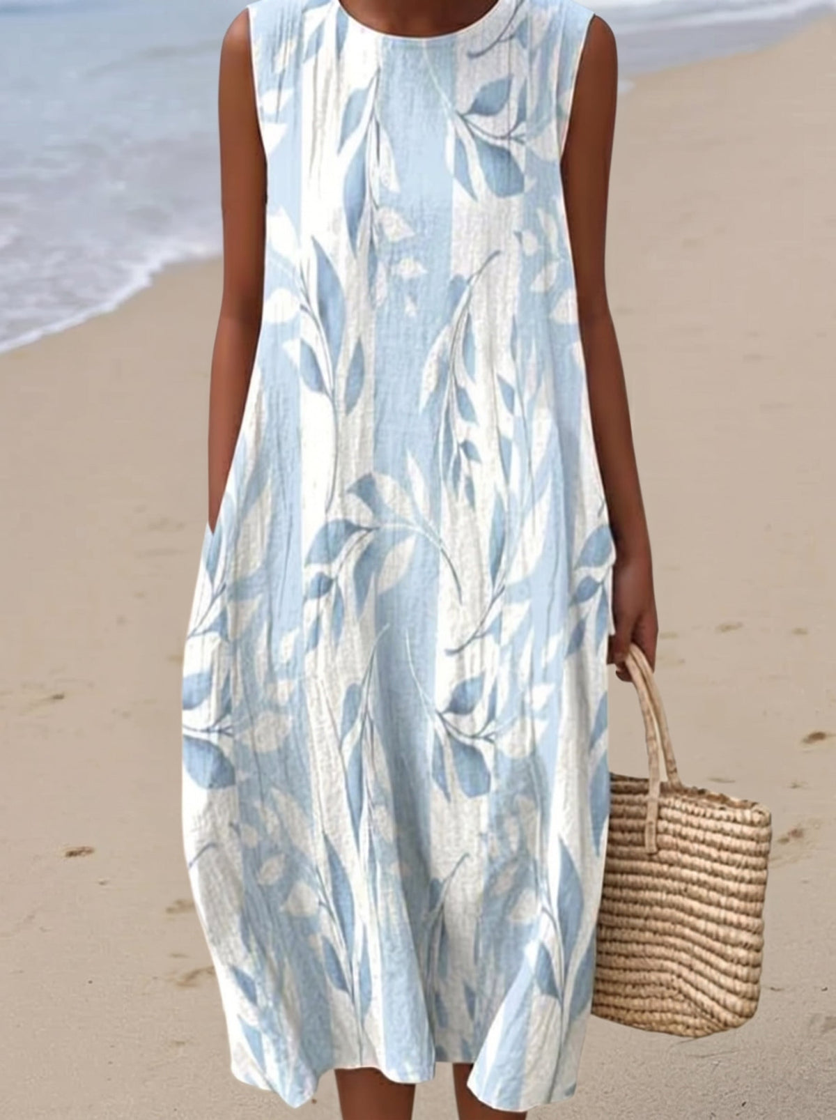 Round Neck Sleeveless Botanical Leaf Print Pocket Cocoon Midi Dress