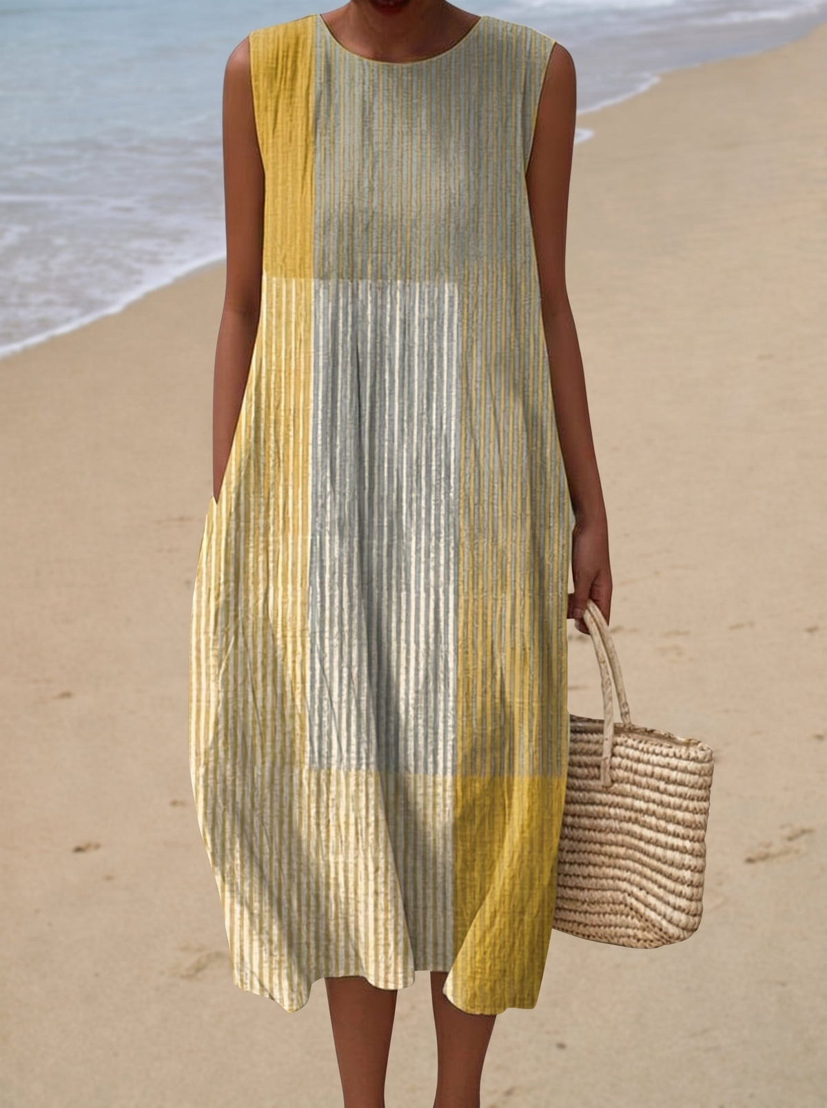 Crew Neck Pinstripe Colorblock Pocket Cocoon Midi Dress