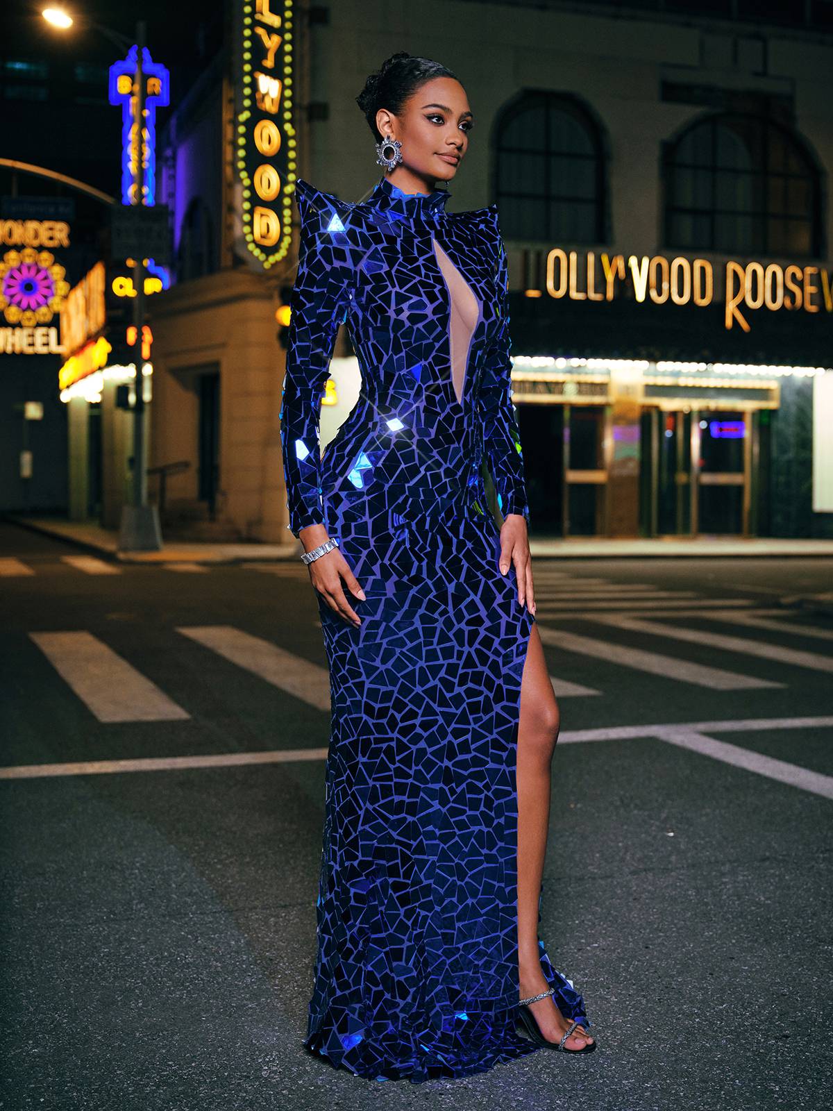 Long Sleeve Embellished Split Maxi Dress In Blue