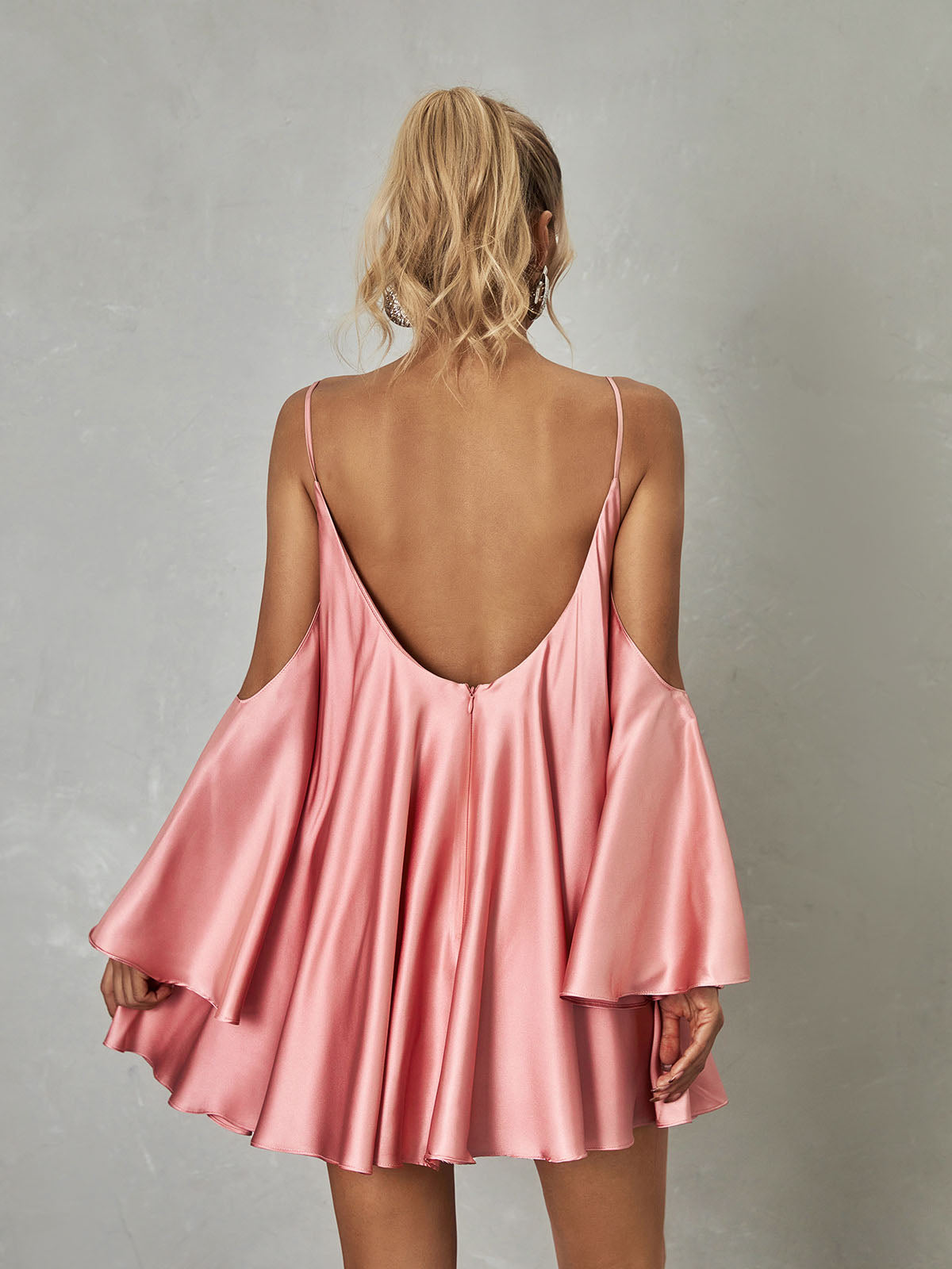 Spaghetti Strap Satin V-Neck Swing Flowy Mini Dress