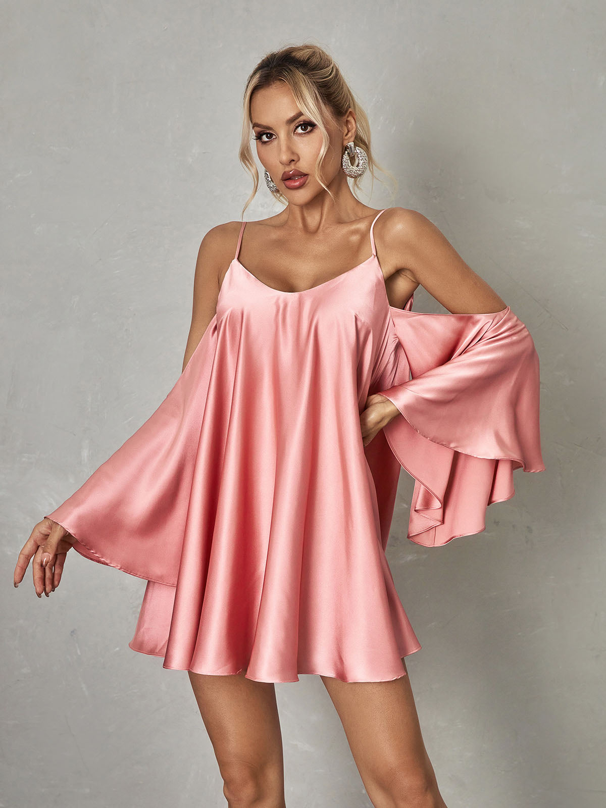 Spaghetti Strap Satin V-Neck Swing Flowy Mini Dress
