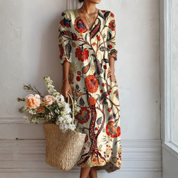 Multicolor V-Neck Botanical Floral Print Half Sleeve A-Line Midi Dress