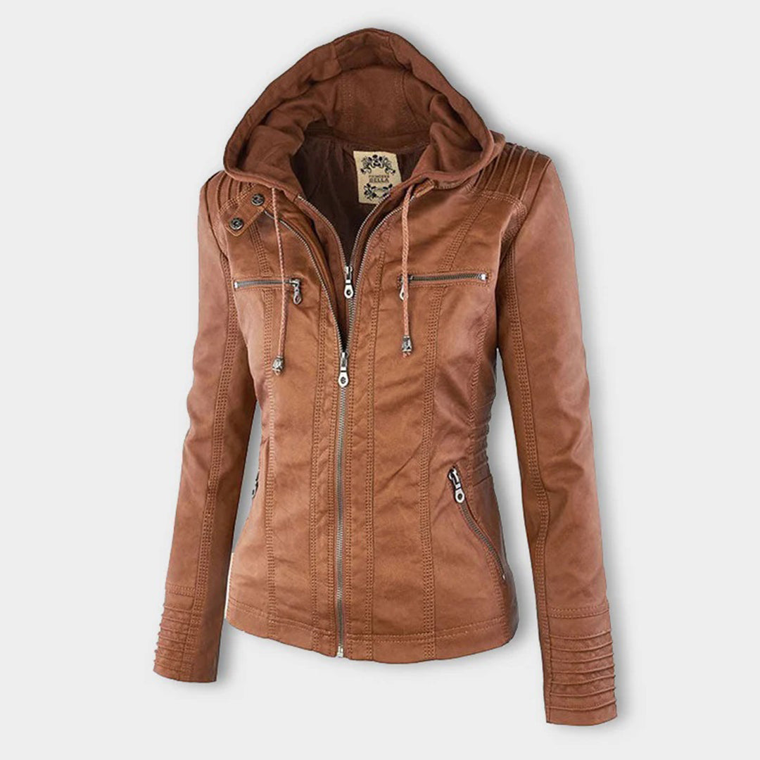 Hooded Zip Front Faux Leather Moto Biker Jacket