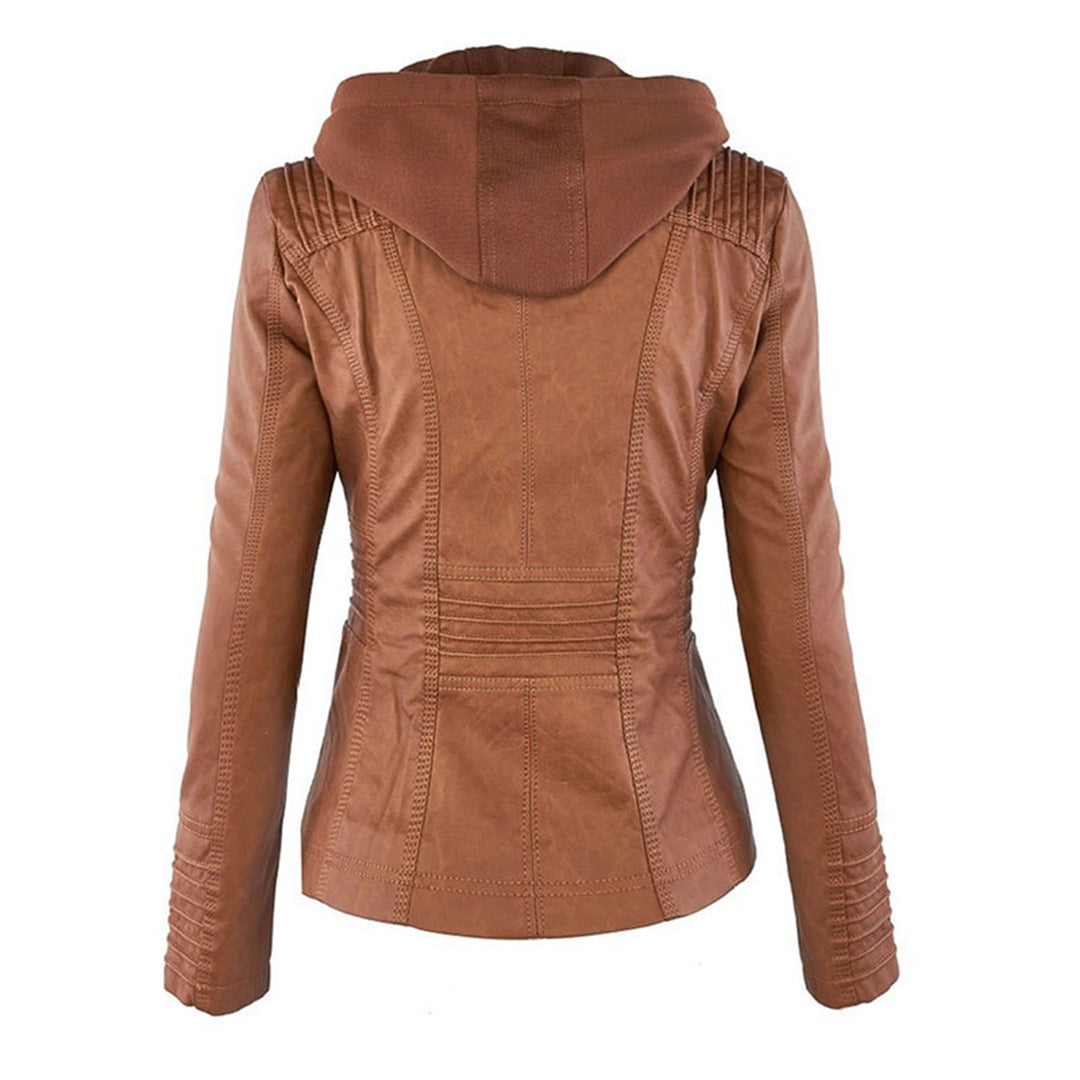 Hooded Zip Front Faux Leather Moto Biker Jacket