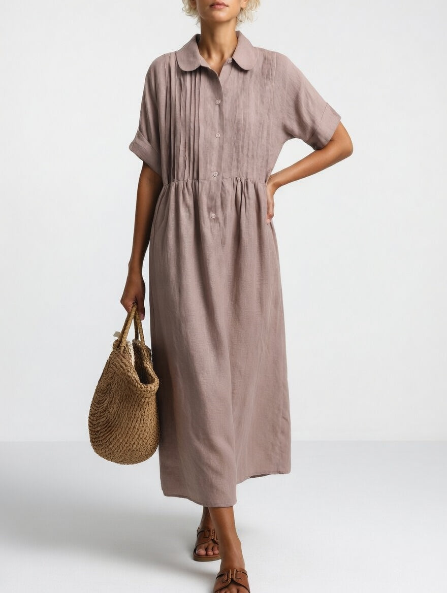 Collared Pintuck Pleated Short Sleeve Linen A-Line Maxi Shirt Dress