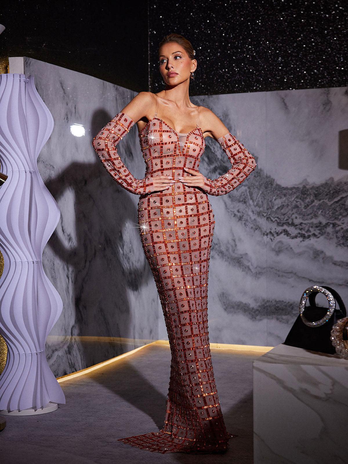 Rhinestone Mesh Maxi Dress