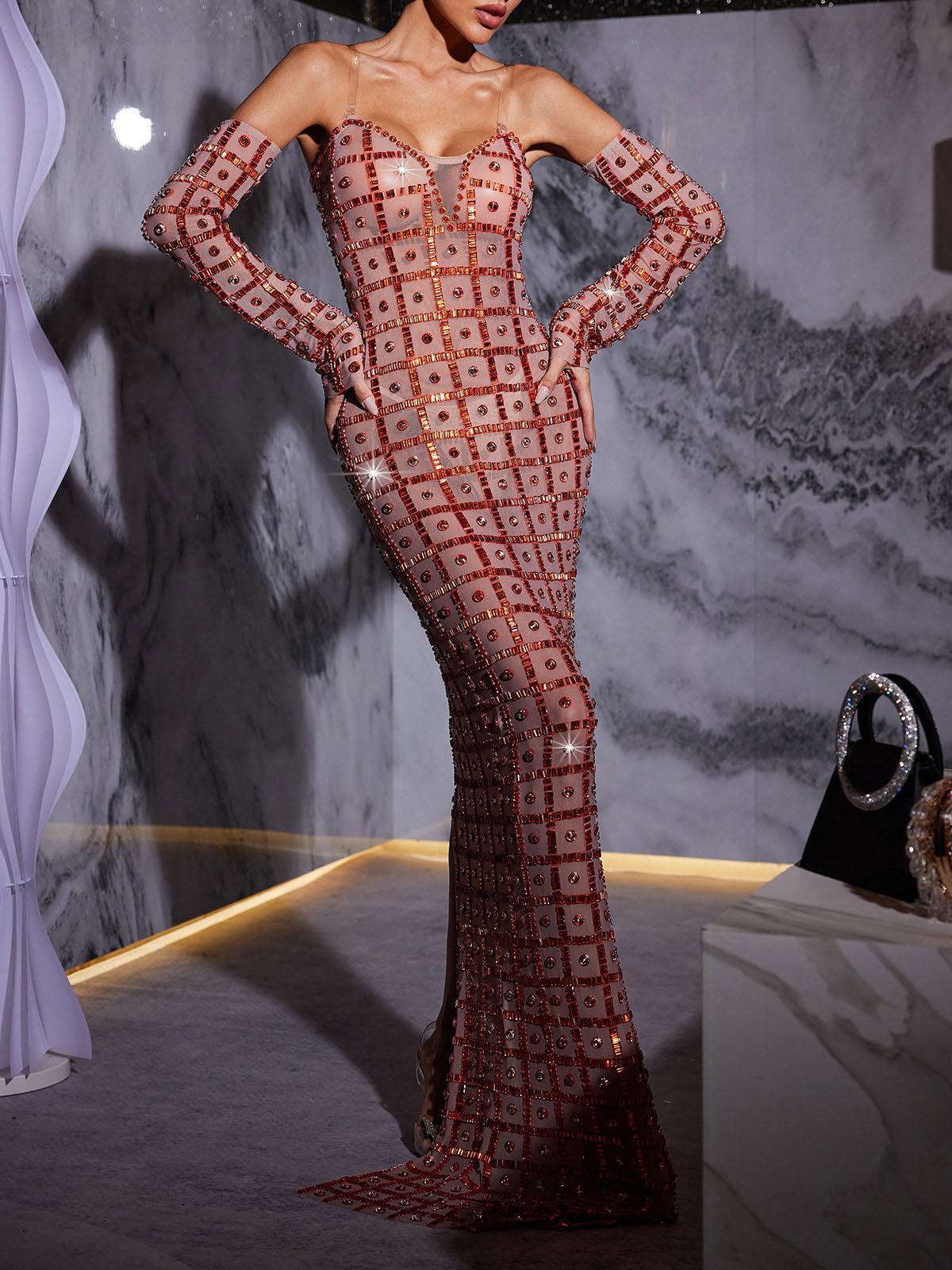 Rhinestone Mesh Maxi Dress