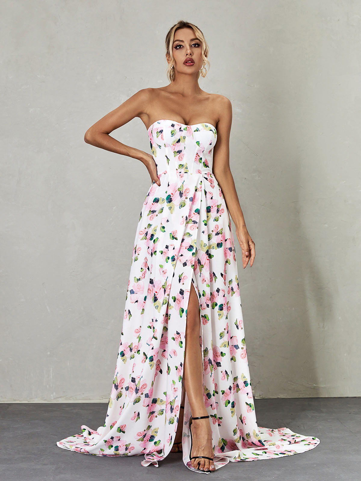 Strapless Sweetheart Floral Corset High Slit A-Line Maxi Gown