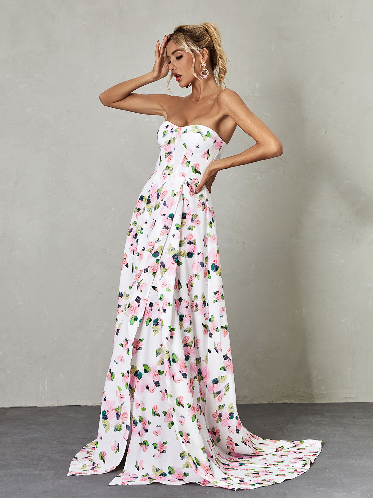Strapless Sweetheart Floral Corset High Slit A-Line Maxi Gown 3