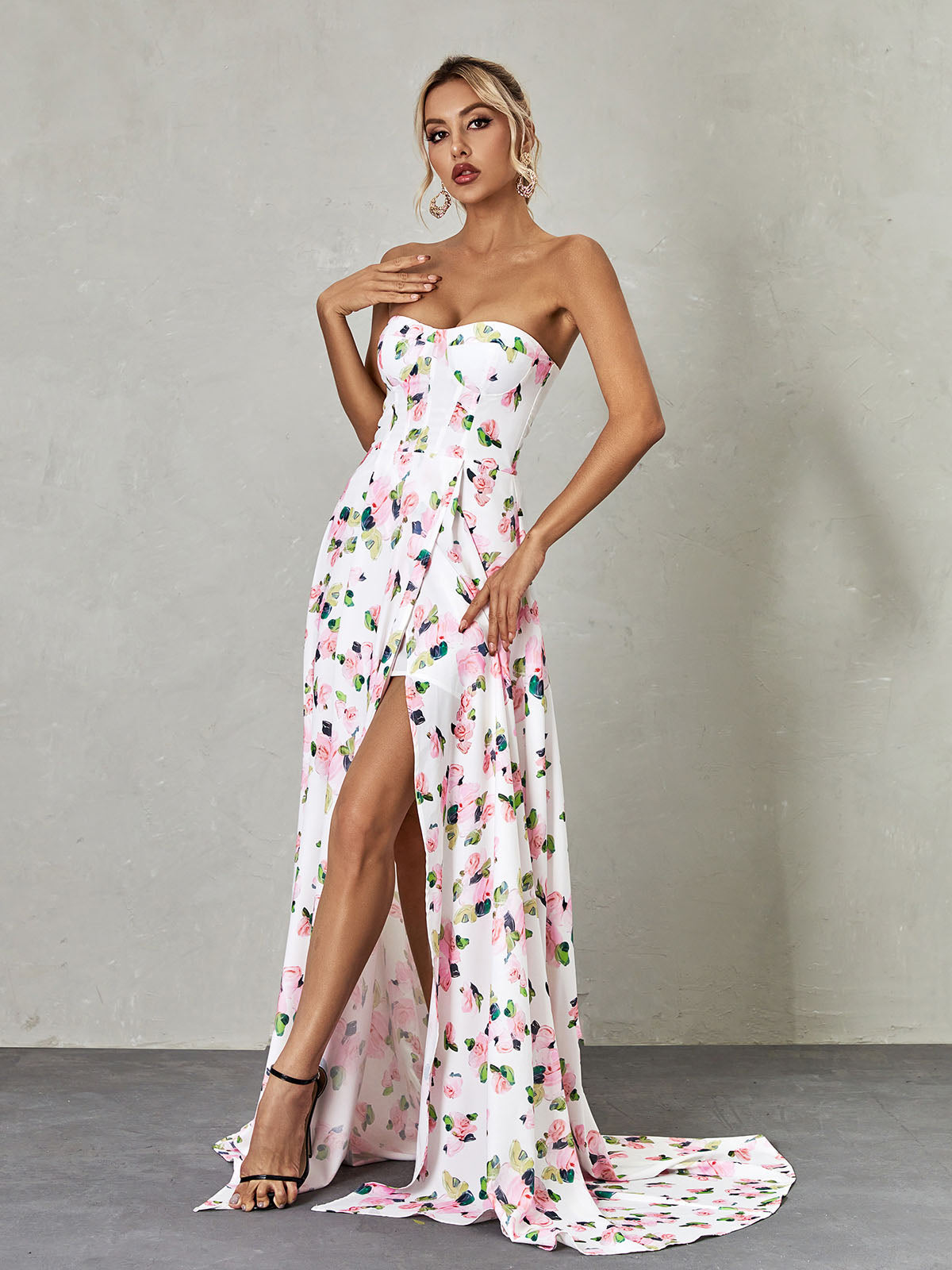 Strapless Sweetheart Floral Corset High Slit A-Line Maxi Gown 2