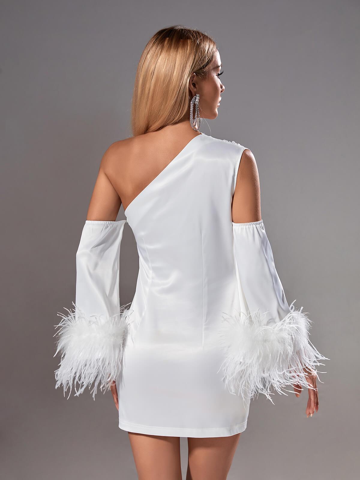 One Shoulder Long Sleeve Feather Cuff Satin Ruched Bodycon Mini Dress