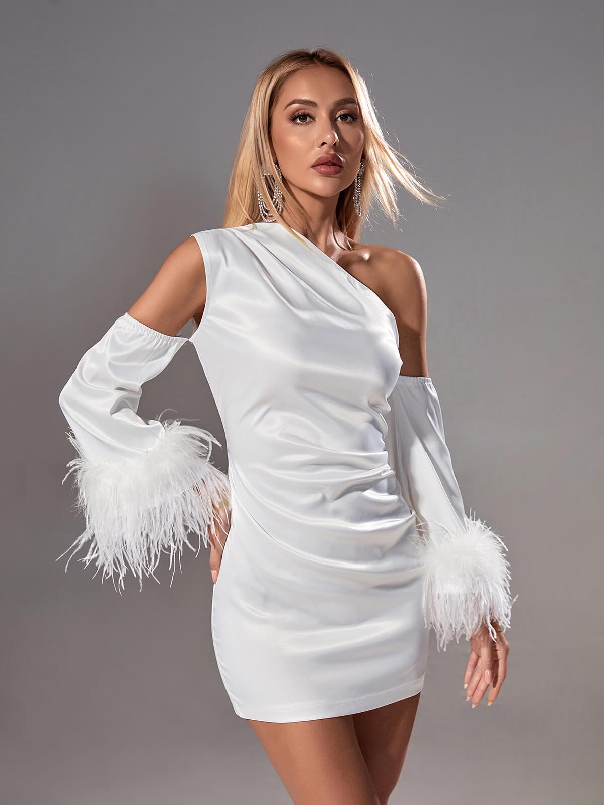 One Shoulder Long Sleeve Feather Cuff Satin Ruched Bodycon Mini Dress