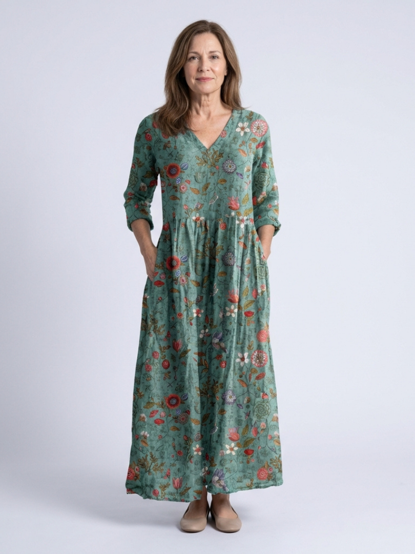 V-Neck Floral Print Three Quarter Sleeve Empire Waist A-Line Maxi Dress