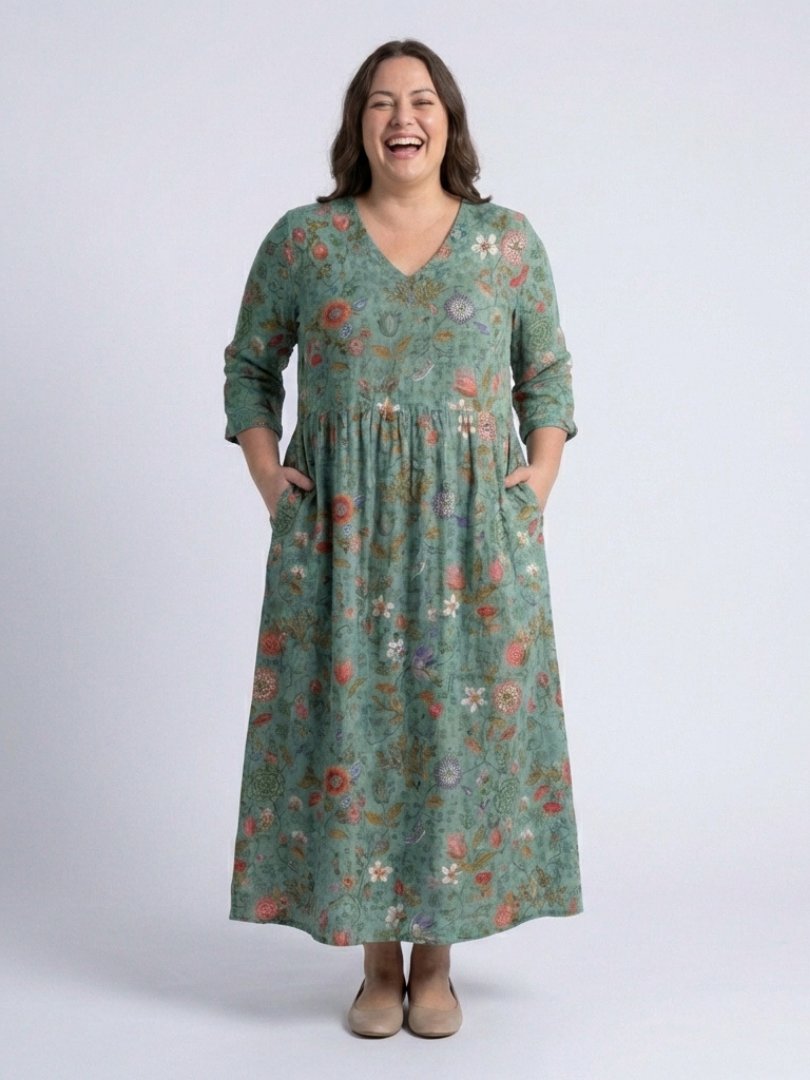 V-Neck Floral Print Three Quarter Sleeve Empire Waist A-Line Maxi Dress 5