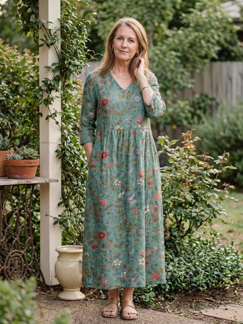 V-Neck Floral Print Three Quarter Sleeve Empire Waist A-Line Maxi Dress 6