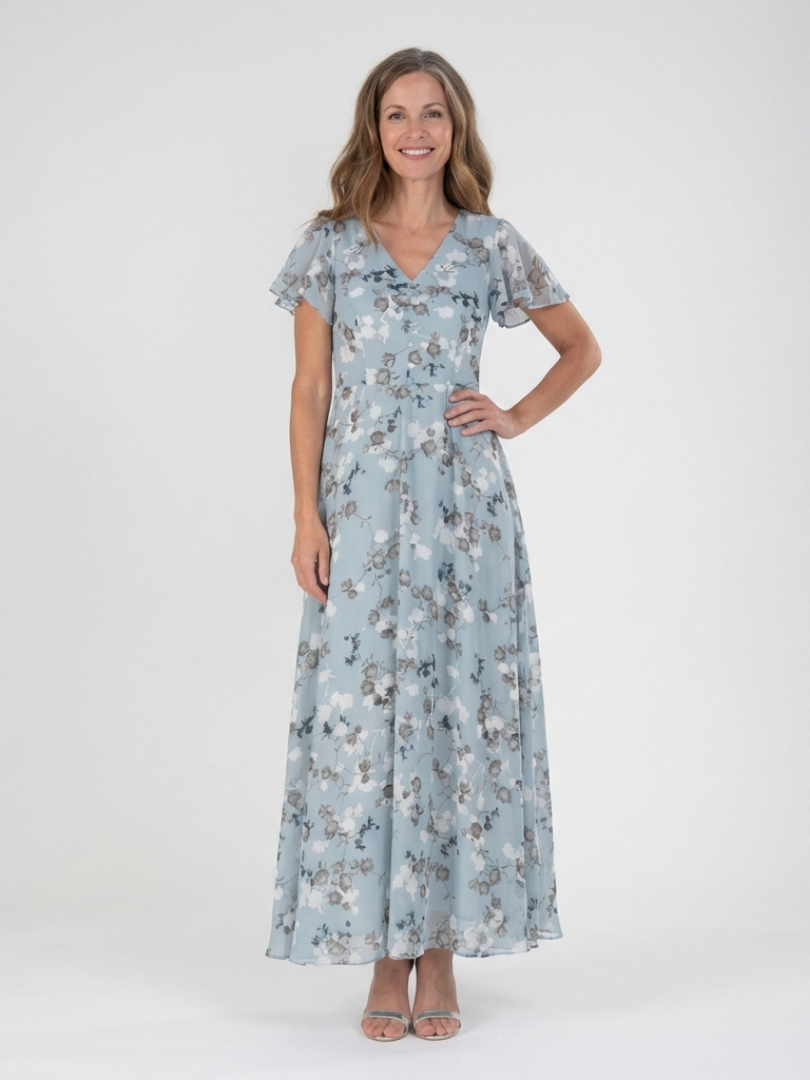 V-Neck Flutter Sleeve Floral Print Chiffon A-Line Maxi Dress