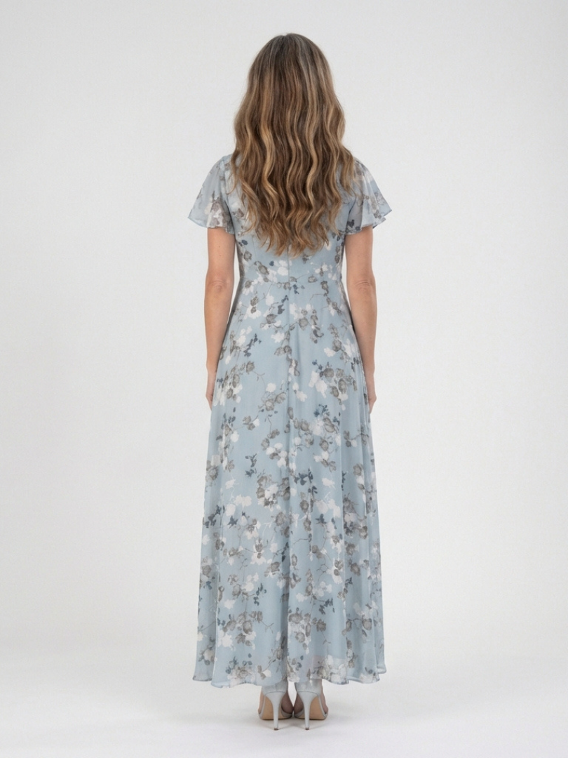 V-Neck Flutter Sleeve Floral Print Chiffon A-Line Maxi Dress 3