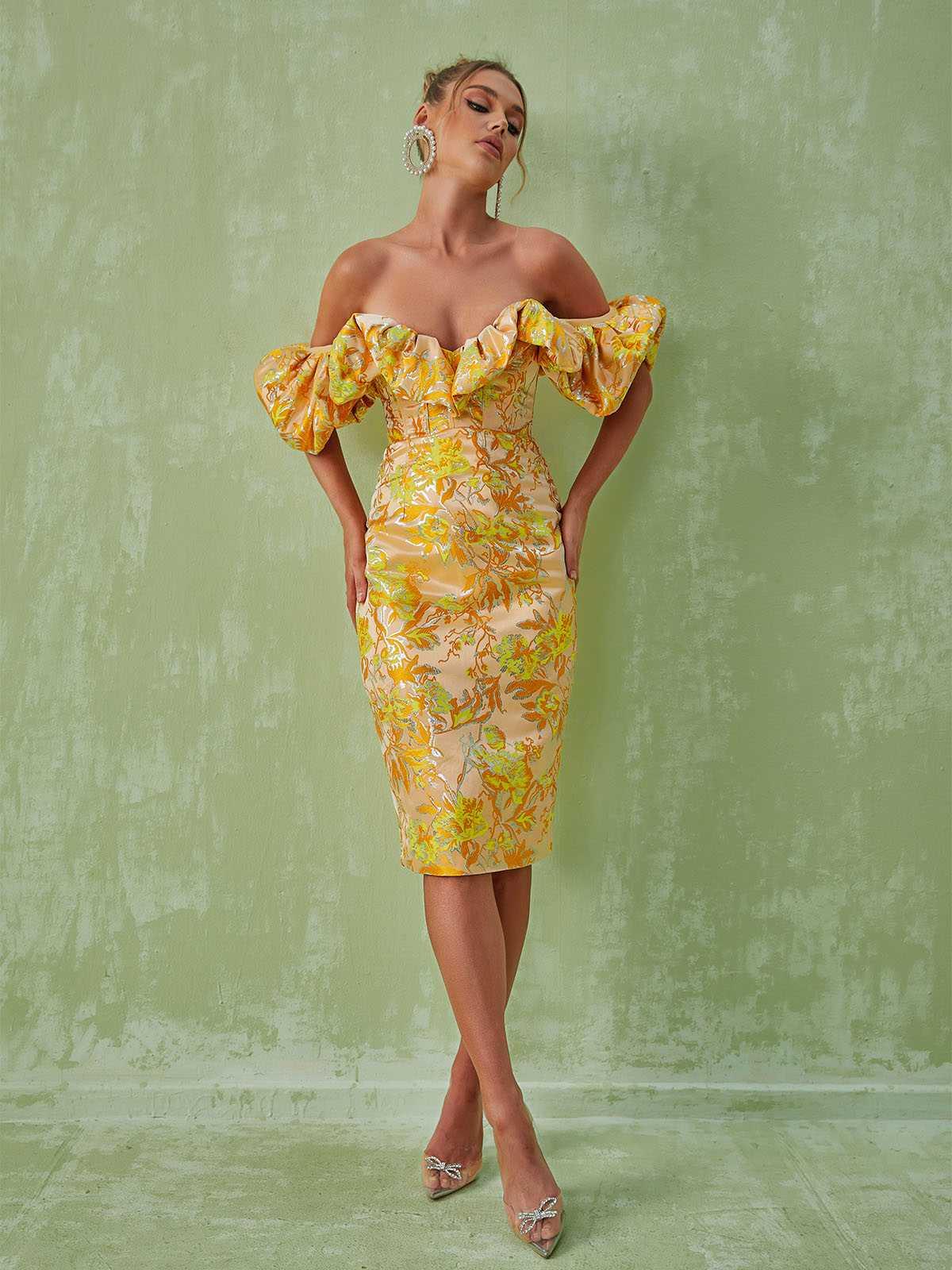 Off-Shoulder Floral Jacquard Ruffle Puff Sleeve Bodycon Midi Dress
