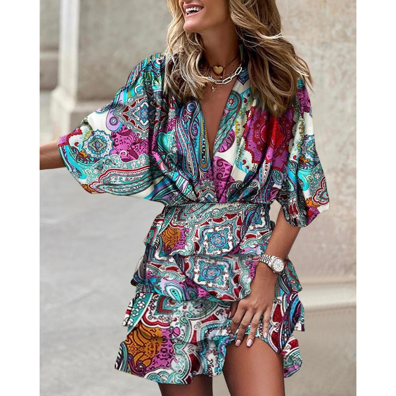 Plunge V-Neck Abstract Print Smocked Waist Tiered Ruffle Mini Dress