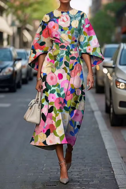 Round Neck Flare Sleeve Leaf Print Wrap Front Midi Dress 3