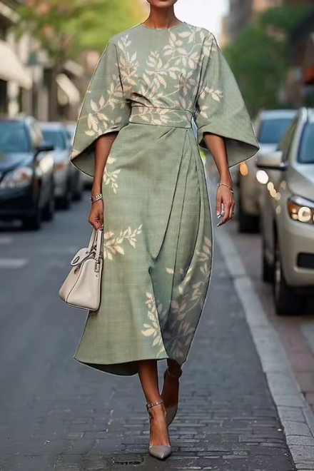 Round Neck Flare Sleeve Leaf Print Wrap Front Midi Dress