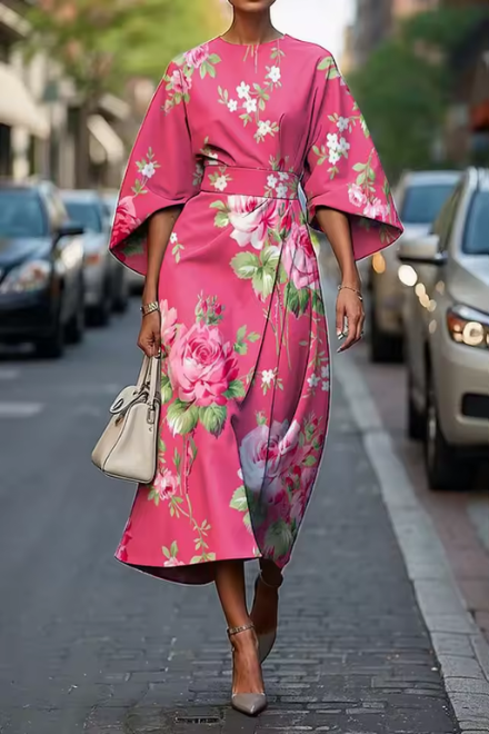 Round Neck Flare Sleeve Leaf Print Wrap Front Midi Dress 2