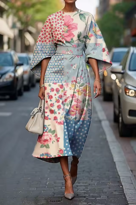 Round Neck Flare Sleeve Leaf Print Wrap Front Midi Dress 4