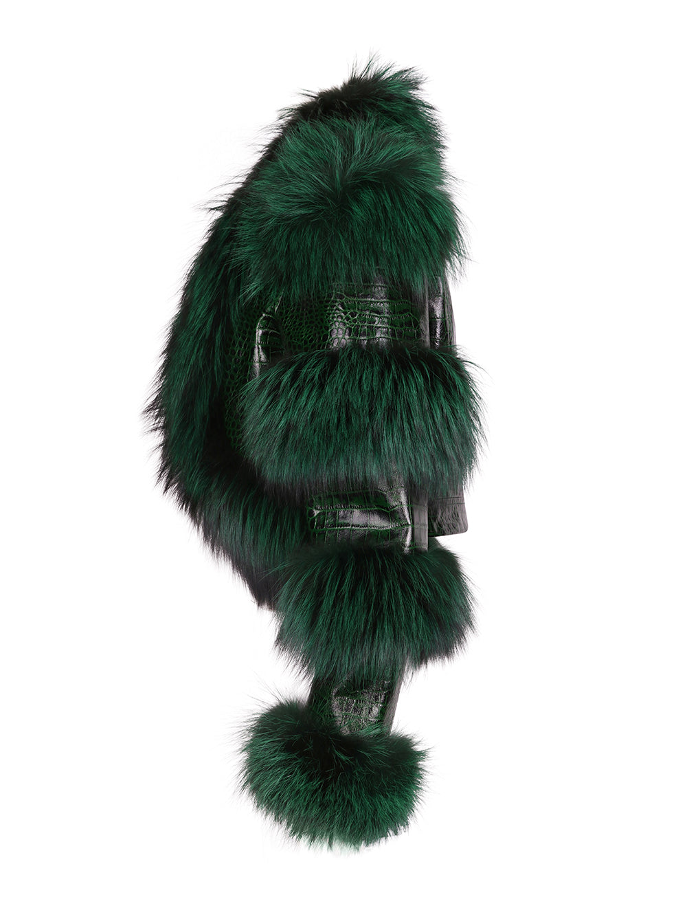 Dark Green Fluffy Fur Croc Leather Panel Cropped Jacket