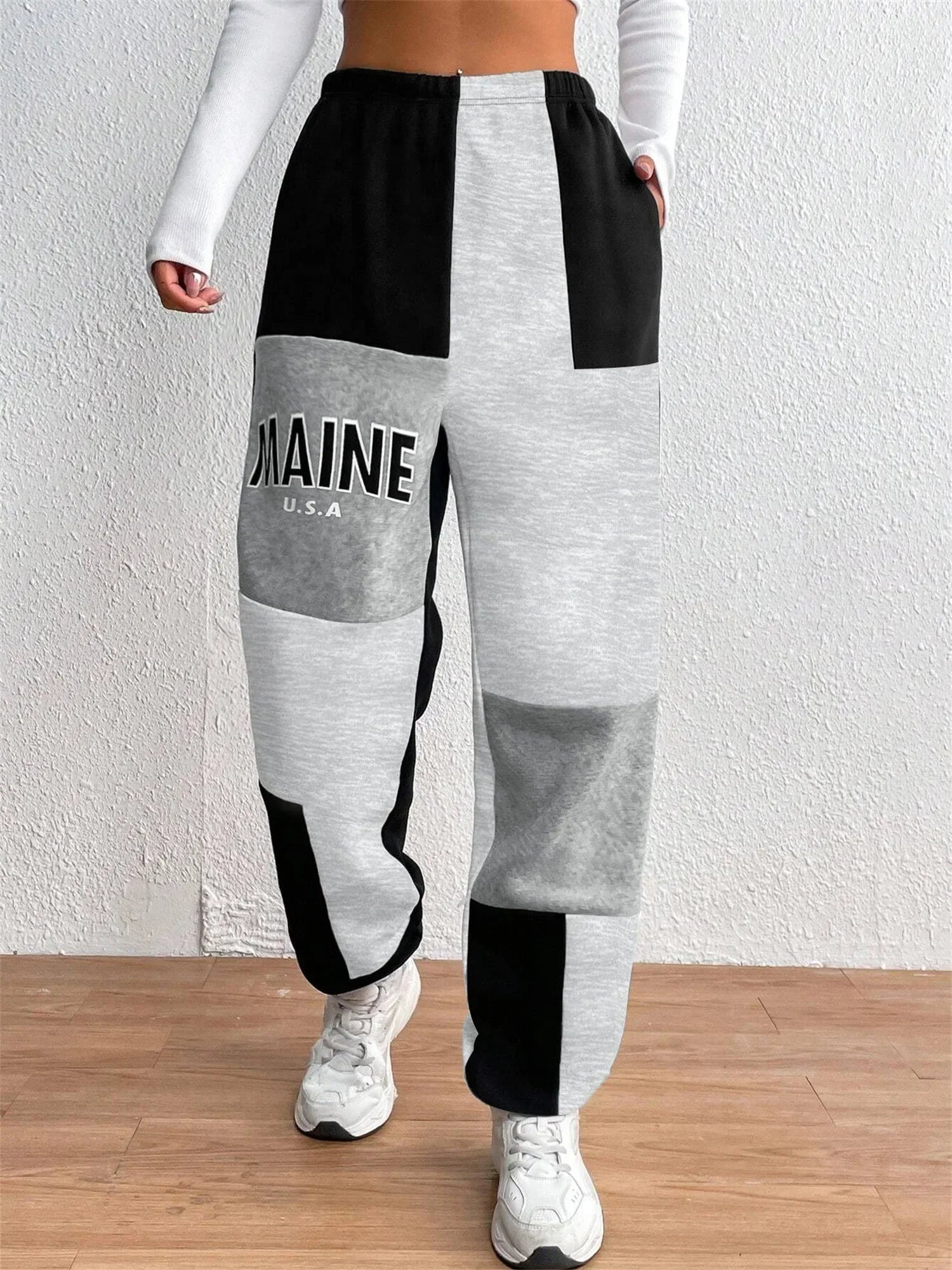 Color Block Jogger Letter Patchwork Print Knitting Casual Slant Pocket Pants