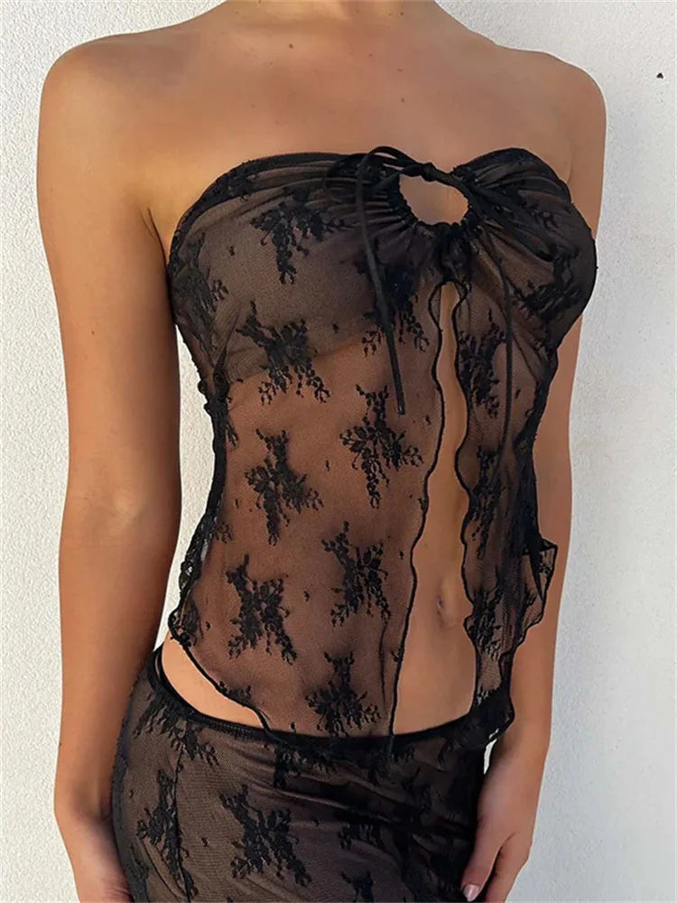 Lace Bustiers Corsets Strapless Off Shoulder Tubes Party Mesh See Through Tank Summer Mini Vest New Tank top