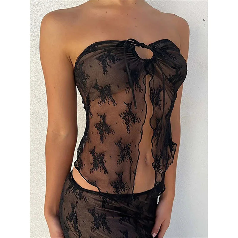 Lace Bustiers Corsets Strapless Off Shoulder Tubes Party Mesh See Through Tank Summer Mini Vest
