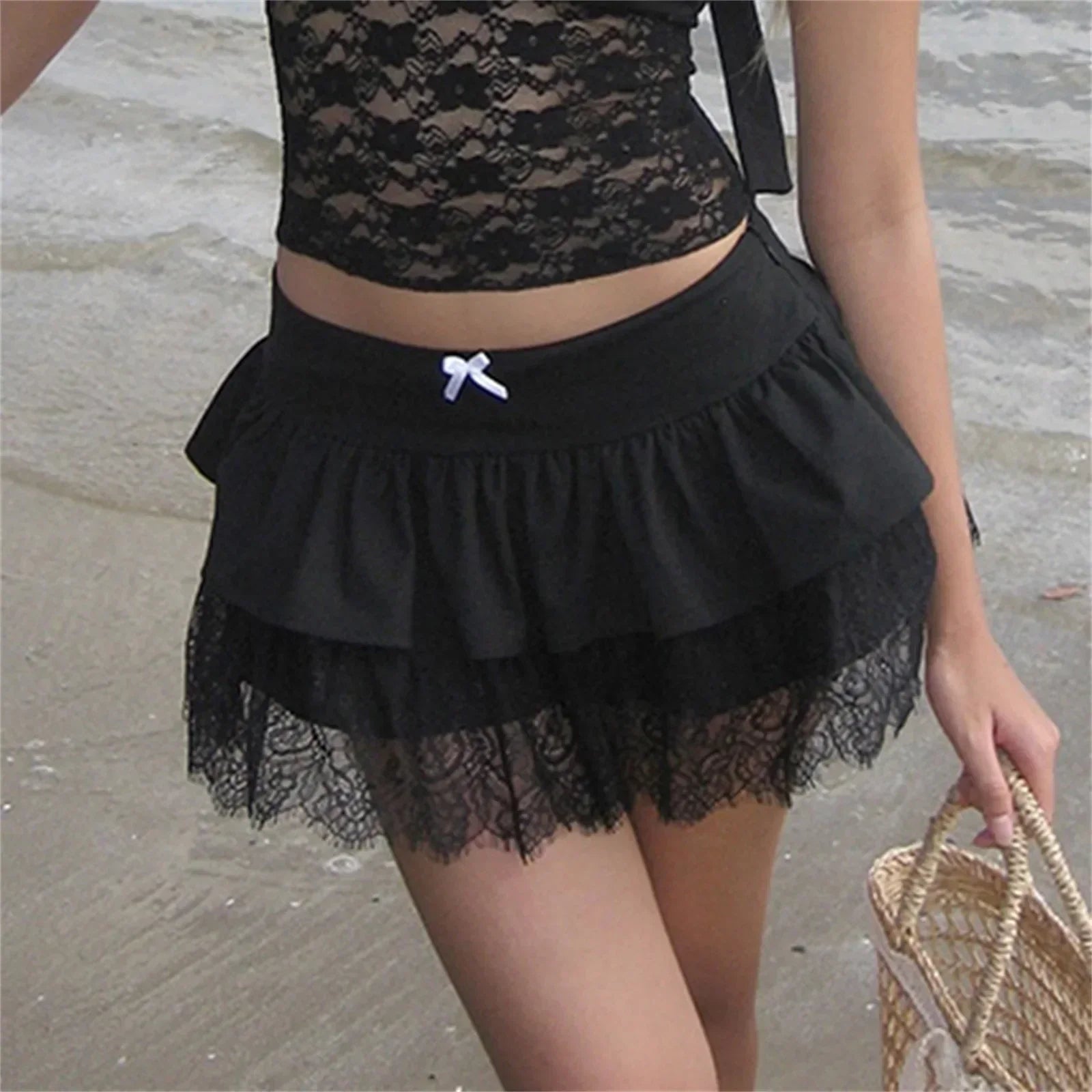 Lace Patchwork Preppy Black Skirt