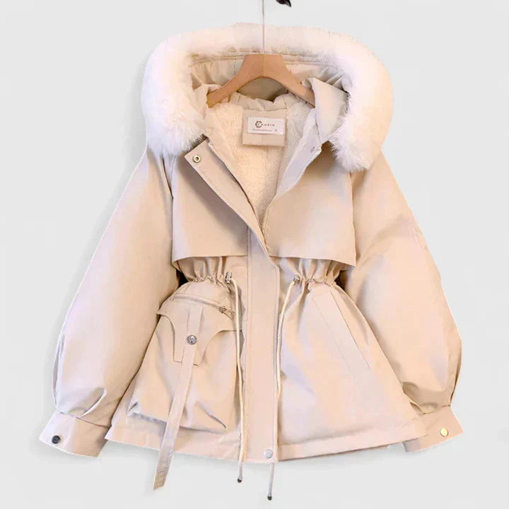 Faux Fur Hooded Fleece-Lined Drawstring Waist Parka Jacket