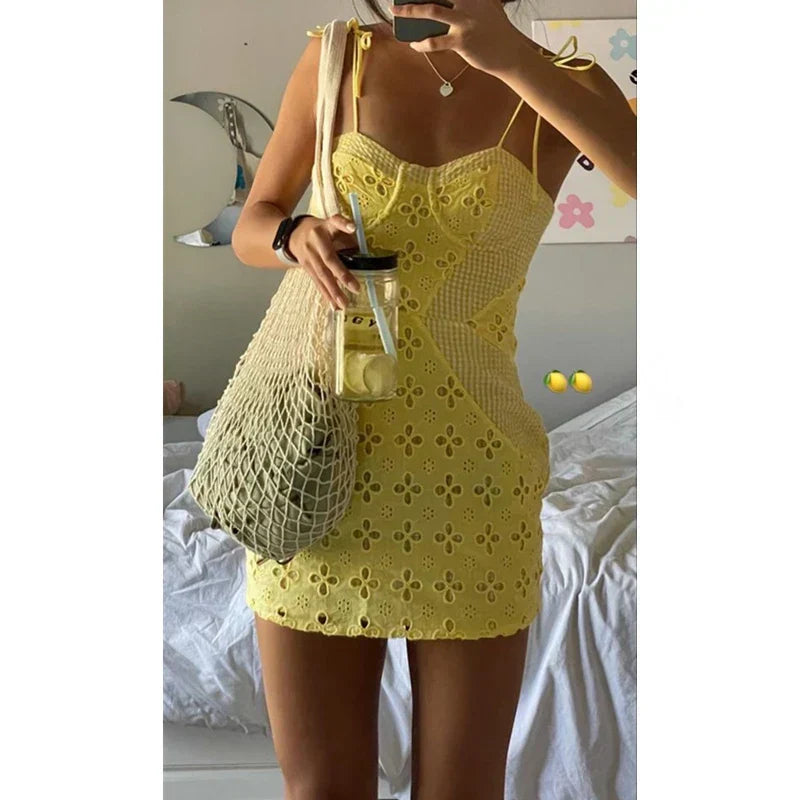 Hollow Floral Spaghetti Mini Dress