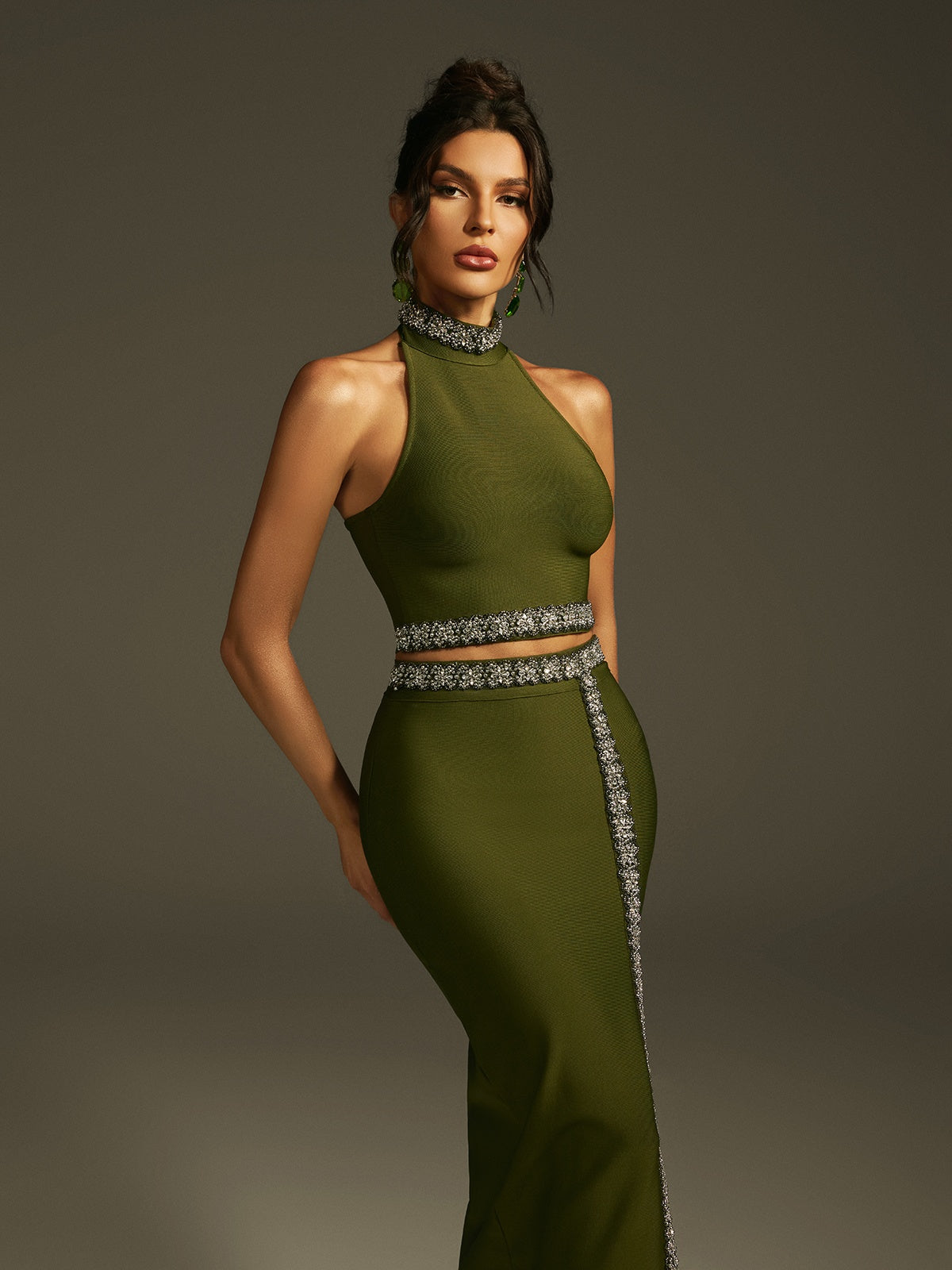 Halterneck Crystal Bandage Skirt Set