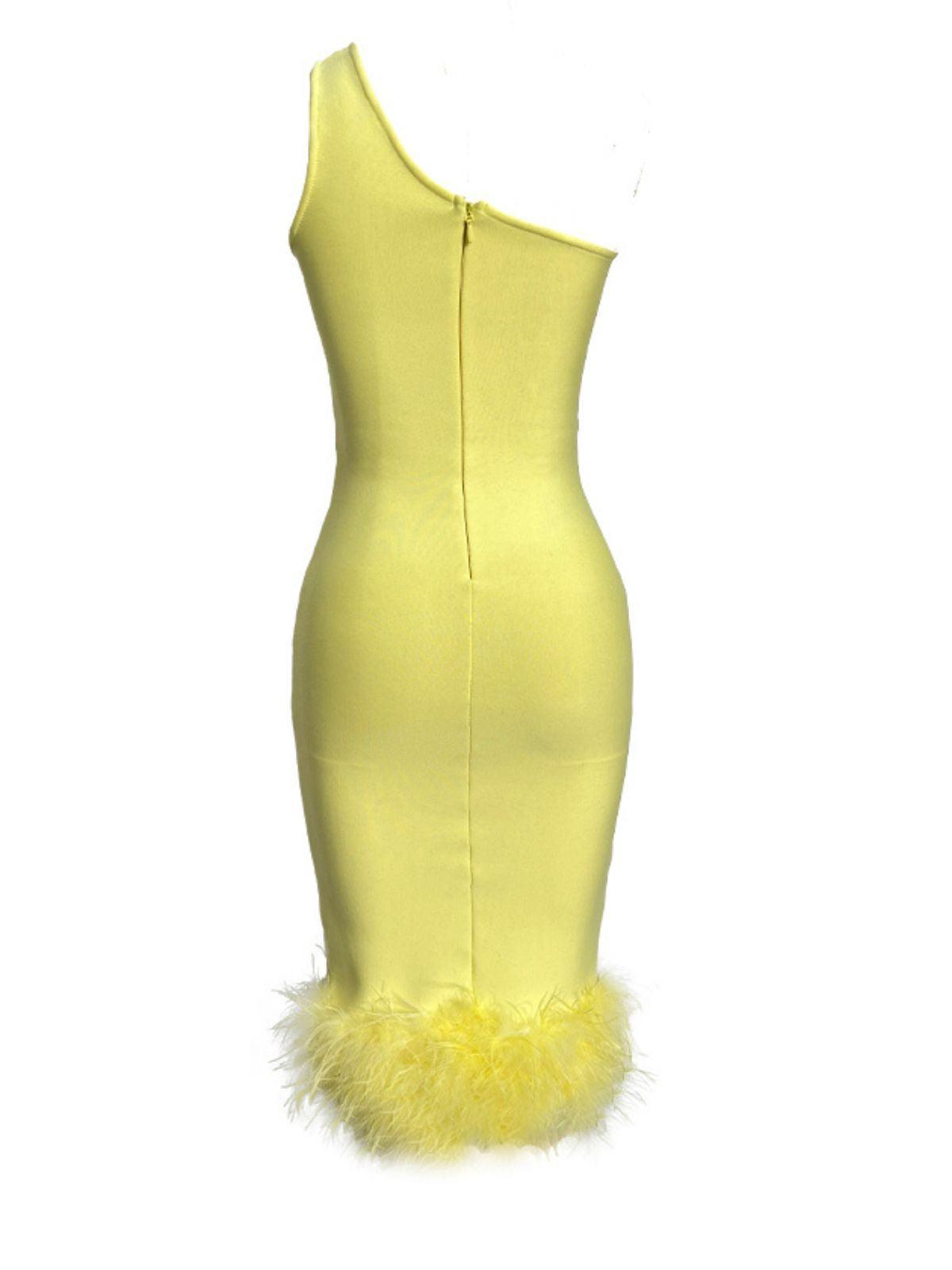 One Shoulder Cutout Feather Trim Bandage Bodycon Midi Dress