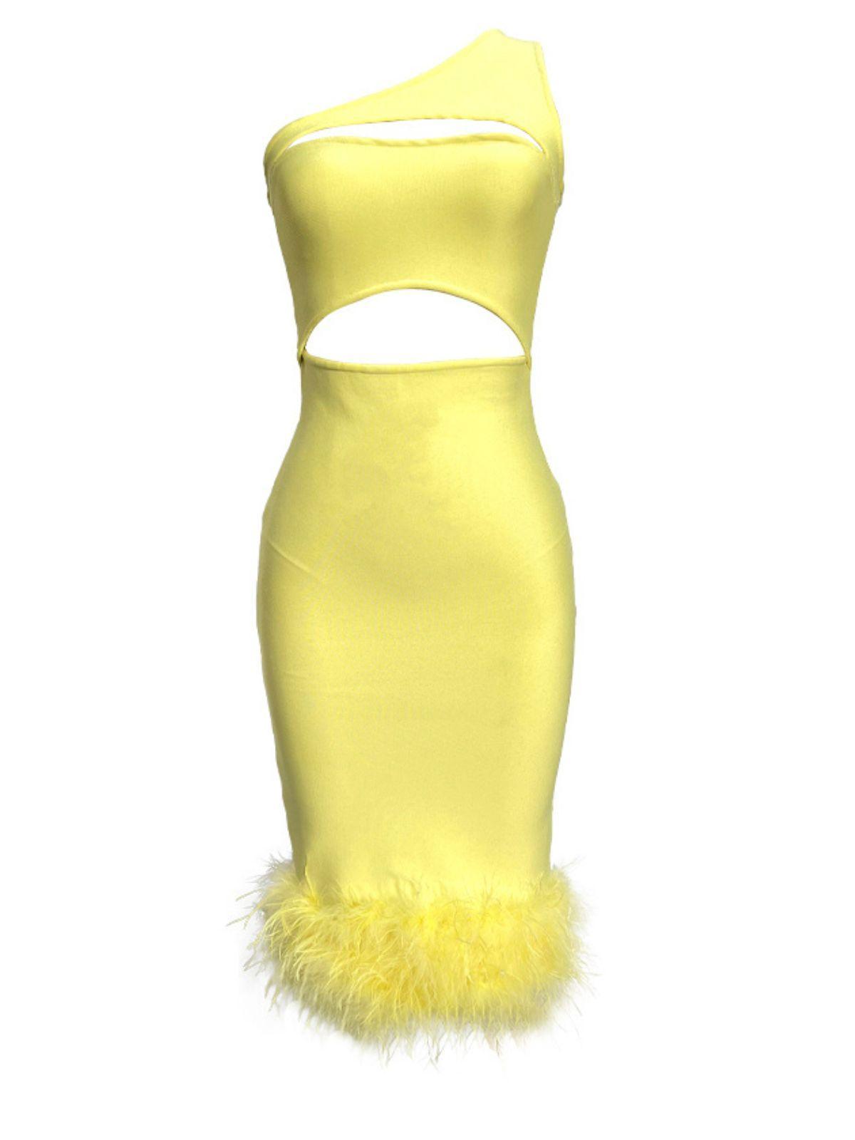 One Shoulder Cutout Feather Trim Bandage Bodycon Midi Dress