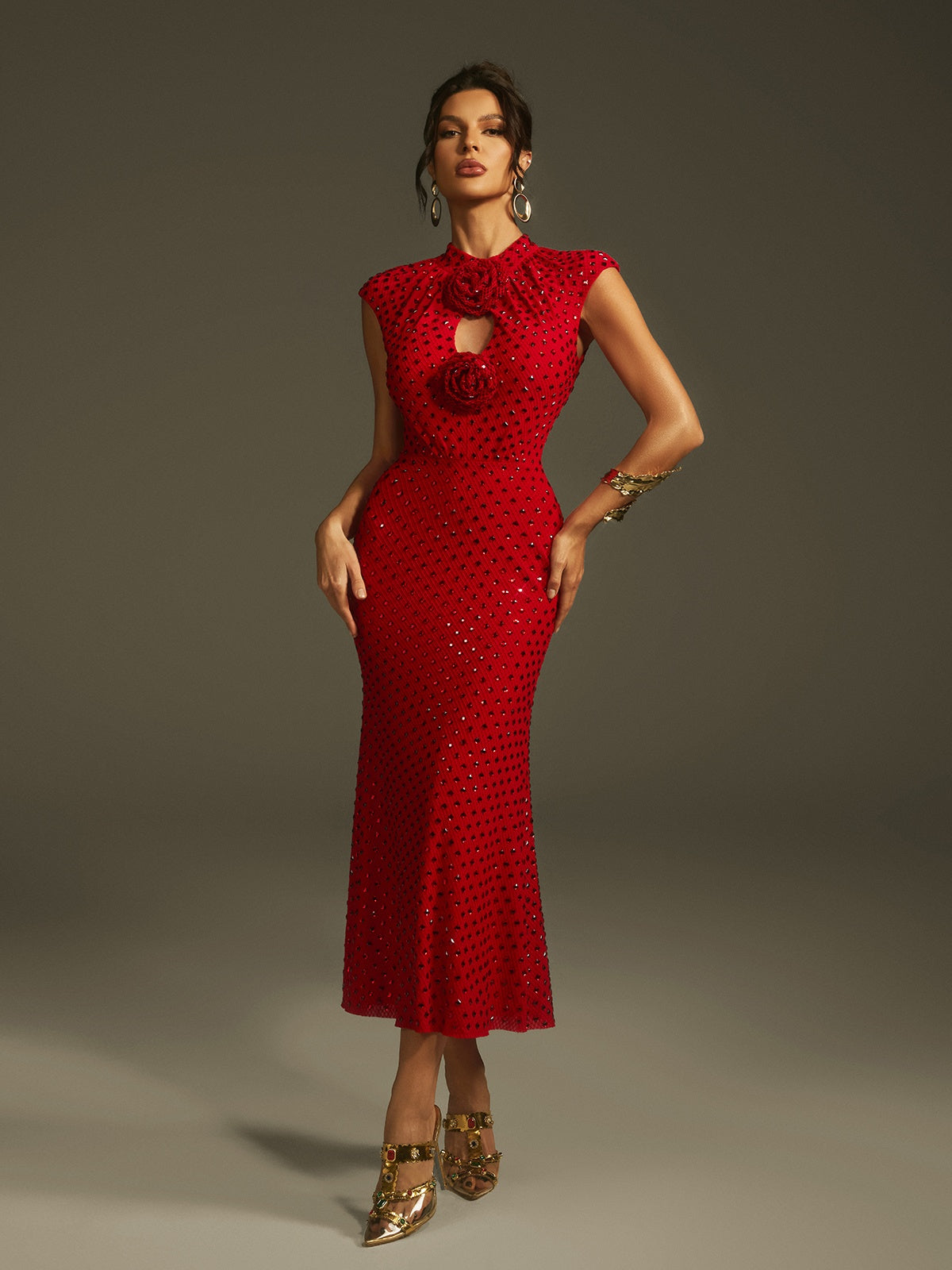 Sleeveless Flower Rhinestone Midi Dress
