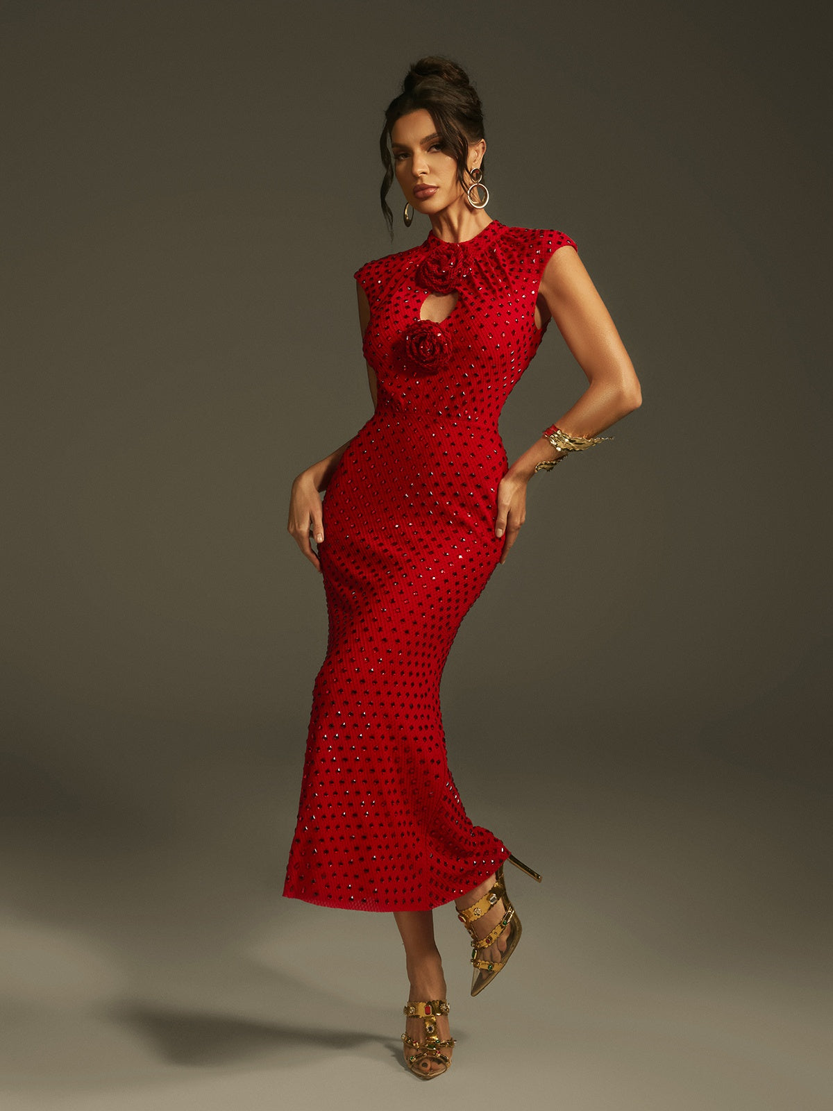 Sleeveless Flower Rhinestone Midi Dress