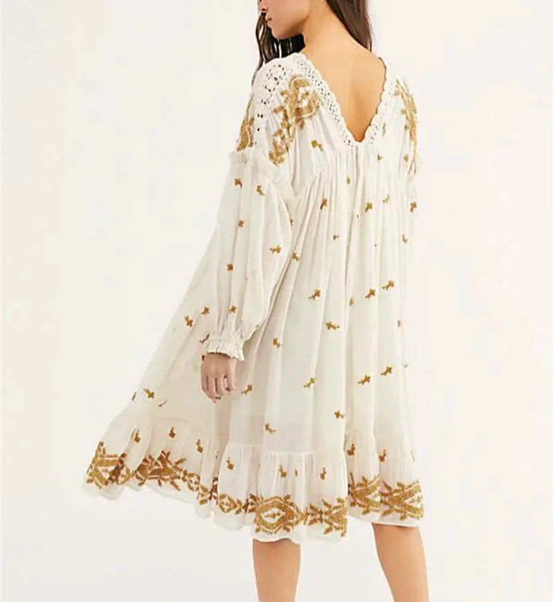 Lantern Long Sleeve Cotton Rayon Embroidery Dress