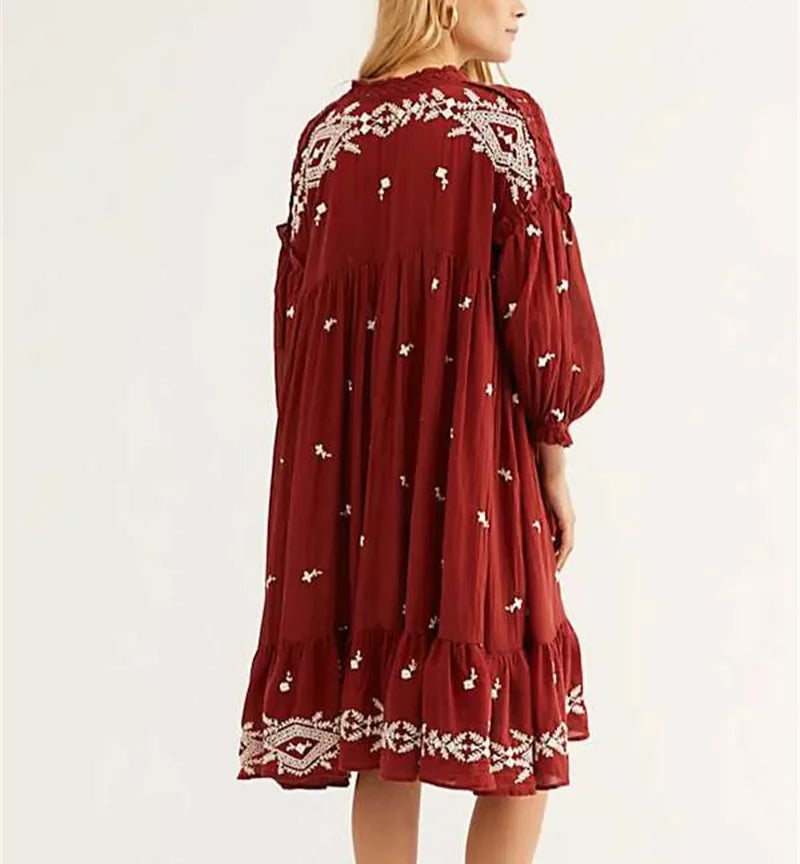 Lantern Long Sleeve Cotton Rayon Embroidery Dress