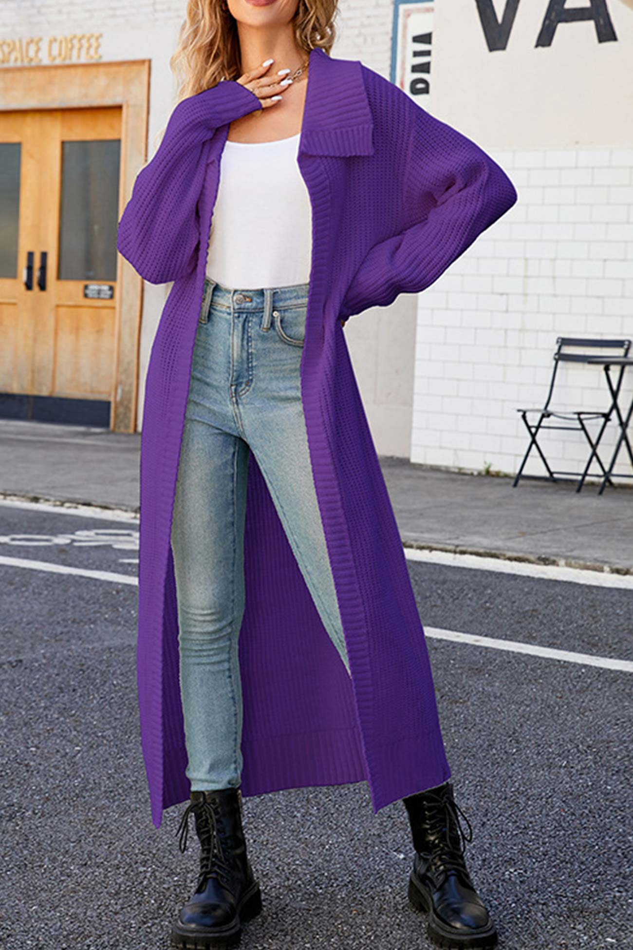 Ribbed Knit Open Front Cardigan With Lapel Purple / S Cardigans